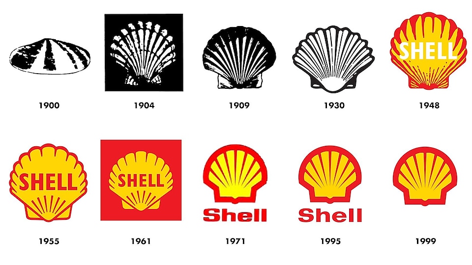 A kép azt mutatja be, hogyan alakult át a Shell-embléma az 1900-as formájából a jelenlegi emblémává
