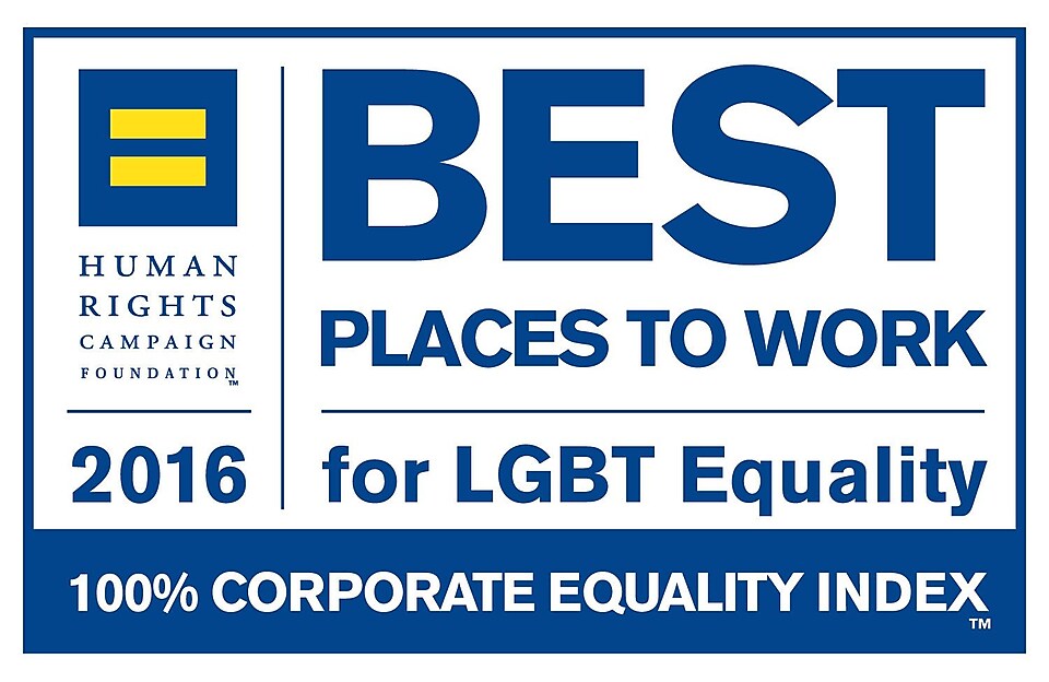 A képen ez a szöveg látható: Human Rights Campaign Foundation 2016. Legjobb munkahely az LGBT-egyenjogúság szempontjából. 100%-os vállalati egyenjogúsági index.
