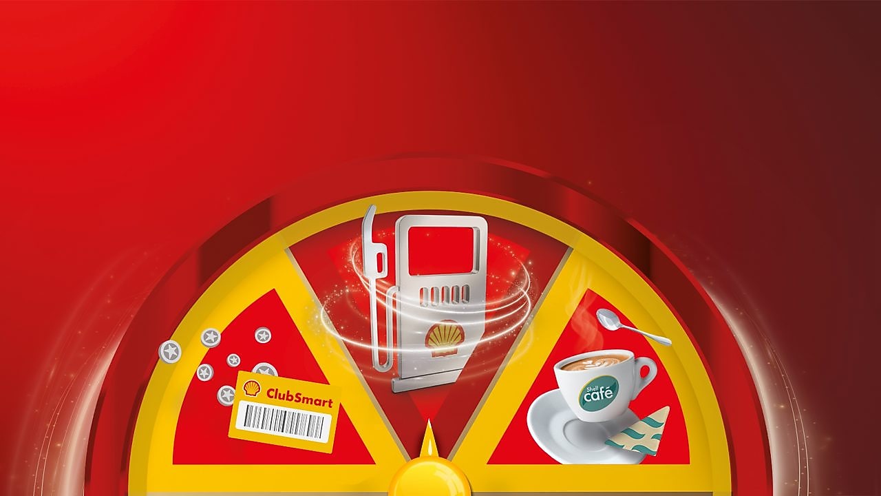 Szerencsekerék Shell termékek ikonjaival (kártya, kávé, üzemanyag).