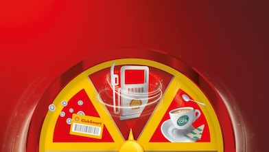 Szerencsekerék Shell termékek ikonjaival (kártya, kávé, üzemanyag).