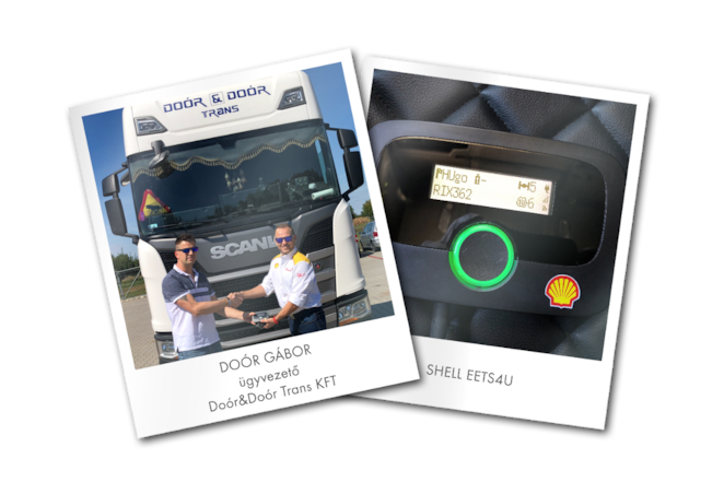 Az ügyvezető egy kézfogás kíséretében átveszi a Shell EETS4U készüléket az üzletkötőtől, háttérben a cég kamionja látható