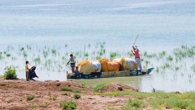 Az elöntött Hawizeh mocsáron átkelő helyiek, az iraki Majnoon-projekt közelében