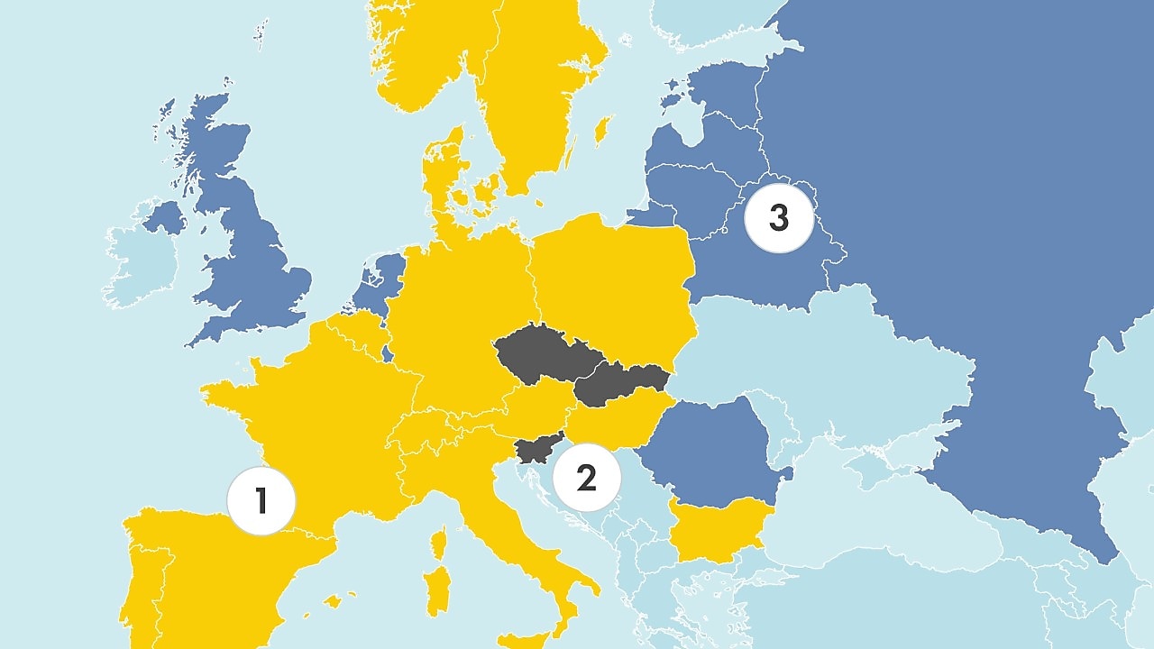 Európa térképe a jelenlegi és a várható EETS hálózati lefedettséggel