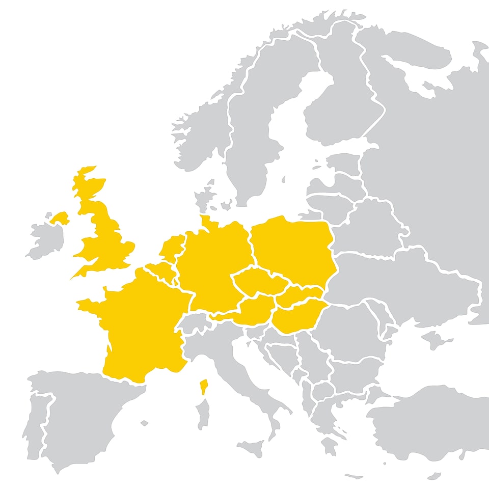 Európa térkép, amin sárgával szerepelnek a Shell MobilFizetést elfogadó országok