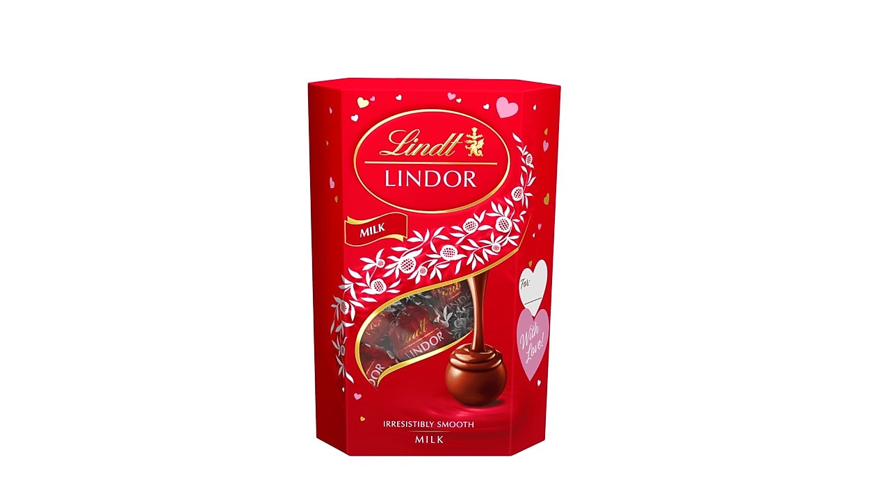 Lindor tejcsokoládé pralinék lágyan olvadó töltelékkel, szívecskés dobozban, 200g