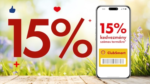 Kellemes tavaszi háttér előtt egy falapon a 15% jelenik meg fókuszban, pirossal kiemelve. Mellette egy mobiltelefon, melynek Shell Appos kijelzőjén a kedvezményes ajálnat olvasható.