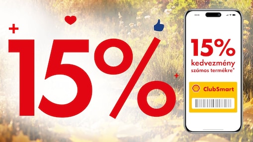 Őszi háttér előtt a 15% jelenik meg fókuszban, pirossal kiemelve. Mellette egy mobiltelefon, melynek Shell Appos kijelzőjén a kedvezményes ajánlat olvasható.
