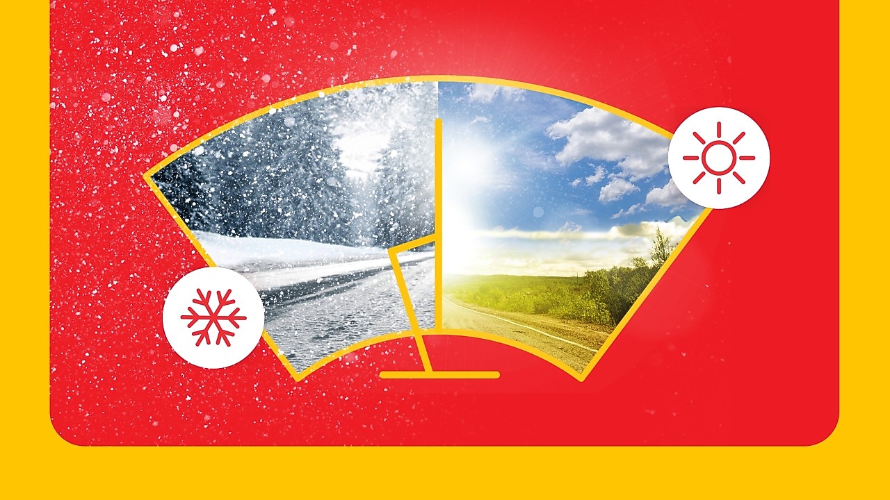 A képen téli és nyári táj látható szélvédőn keresztül.