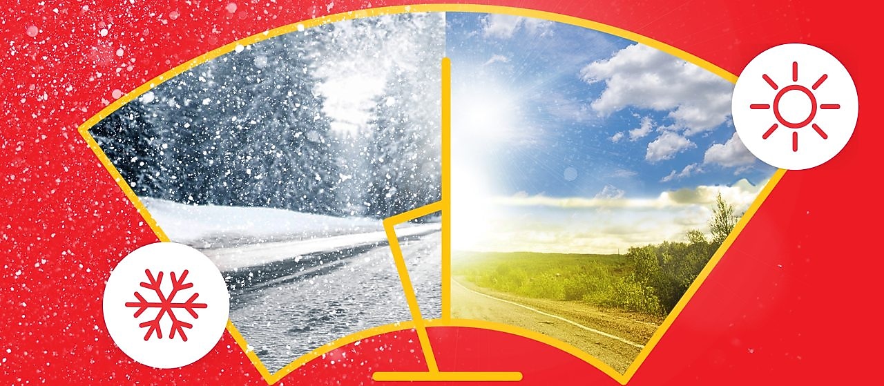 A képen téli és nyári táj látható szélvédőn keresztül.