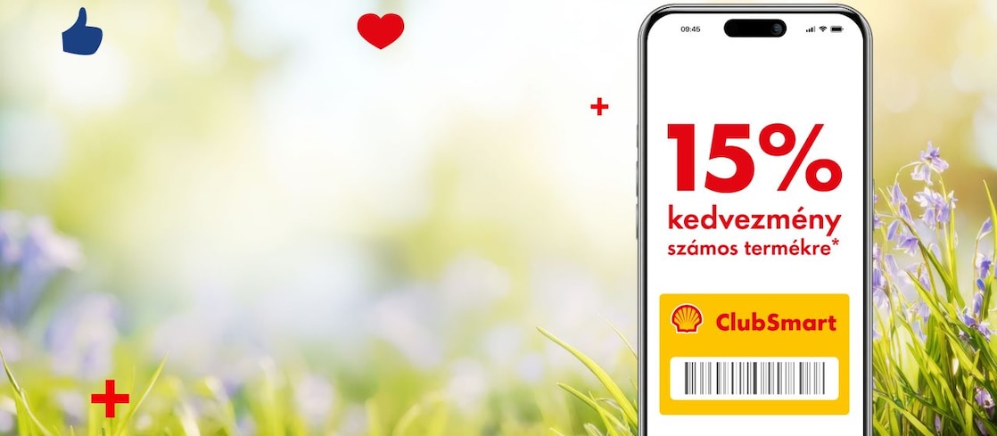 Kellemes tavaszi háttér előtt egy falapon egy mobiltelefon jelenik meg, melynek Shell Appos kijelzőjén a 15%-os kedvezményes ajánlat olvasható.