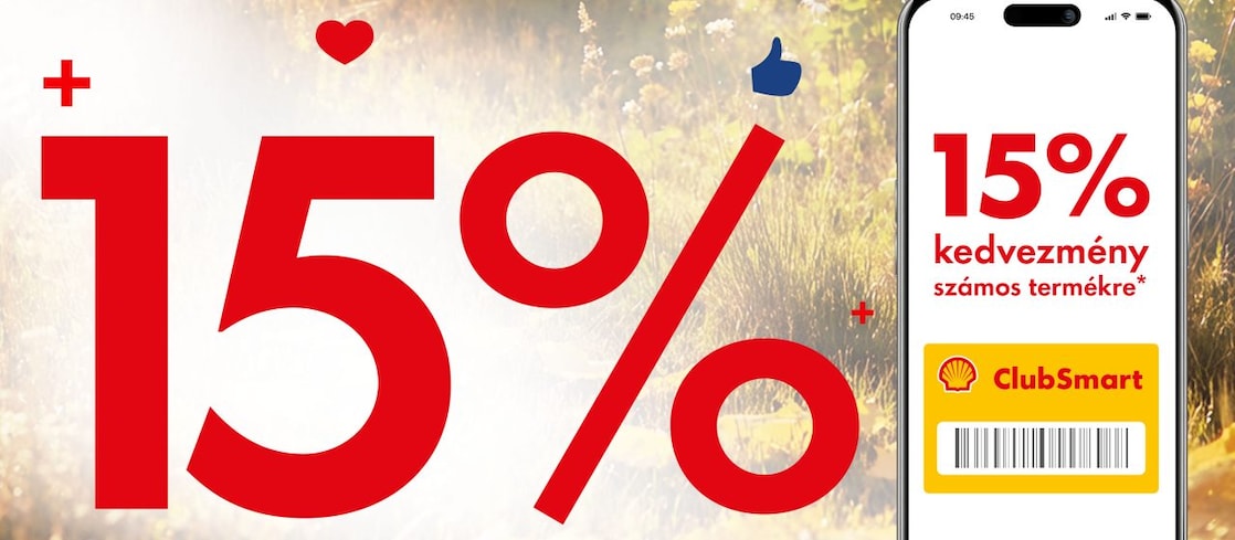 Őszi háttér előtt a 15% jelenik meg fókuszban, pirossal kiemelve. Mellette egy mobiltelefon, melynek Shell Appos kijelzőjén a kedvezményes ajánlat olvasható.