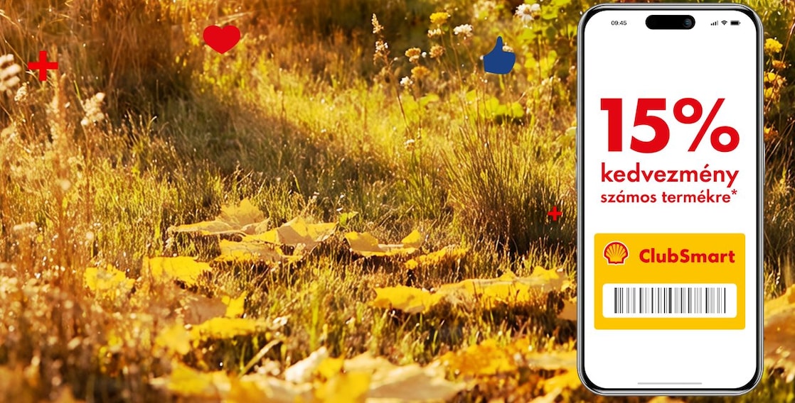 Őszi háttér előtt a 15% jelenik meg fókuszban, pirossal kiemelve. Mellette egy mobiltelefon, melynek Shell Appos kijelzőjén a kedvezményes ajánlat olvasható.