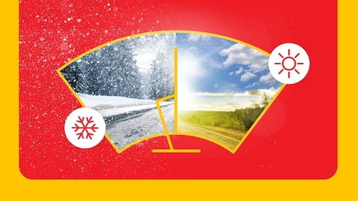 A képen téli és nyári táj látható szélvédőn keresztül.