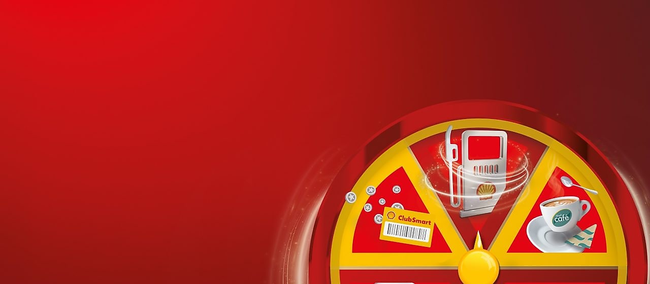 Szerencsekerék Shell termékek ikonjaival (kártya, kávé, üzemanyag).